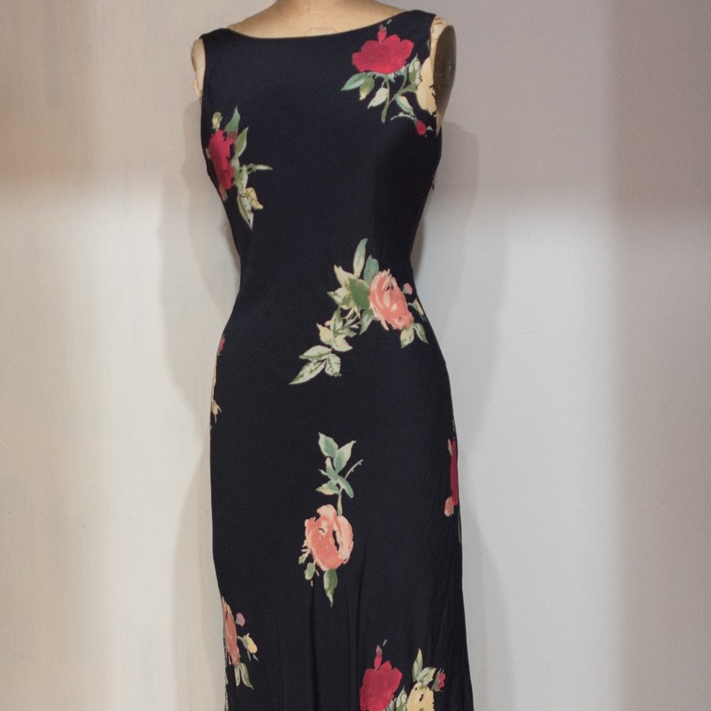 Vintage 90s Floral Boat Neck Cinched Waist Maxi Dress